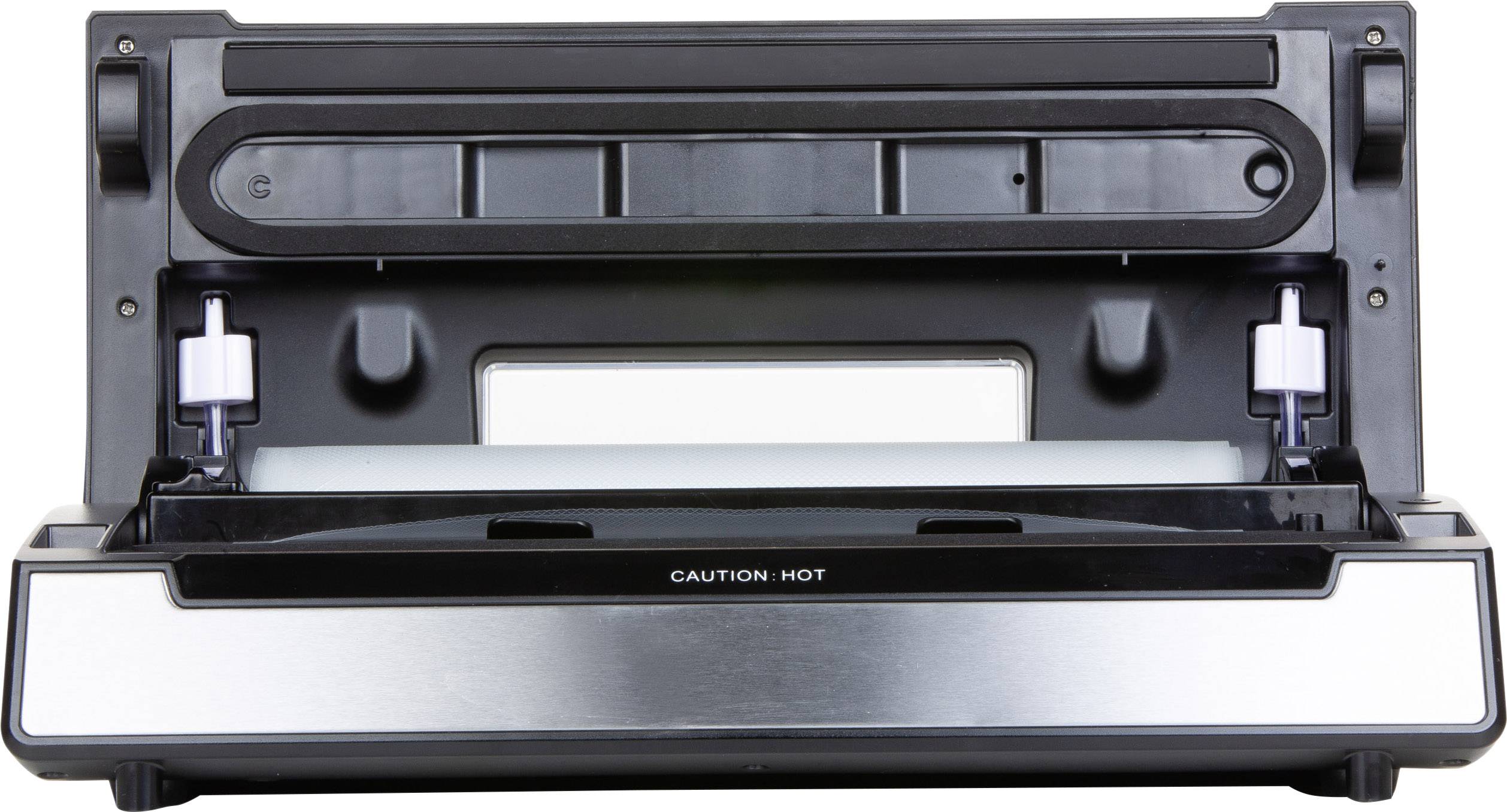 Printer with open paper tray and 'Caution Hot' warning at the front.