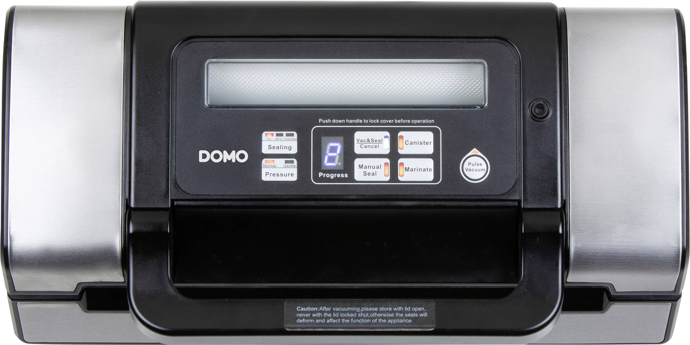 A vacuum sealing device with a control bar and display panel. The display shows operating modes and status indicators.