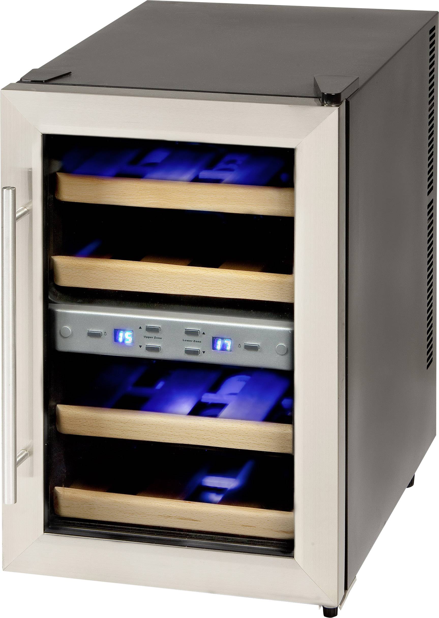 A small wine fridge with two cooling zones, controlled by a digital display. Shows temperatures of 15°C and 17°C.