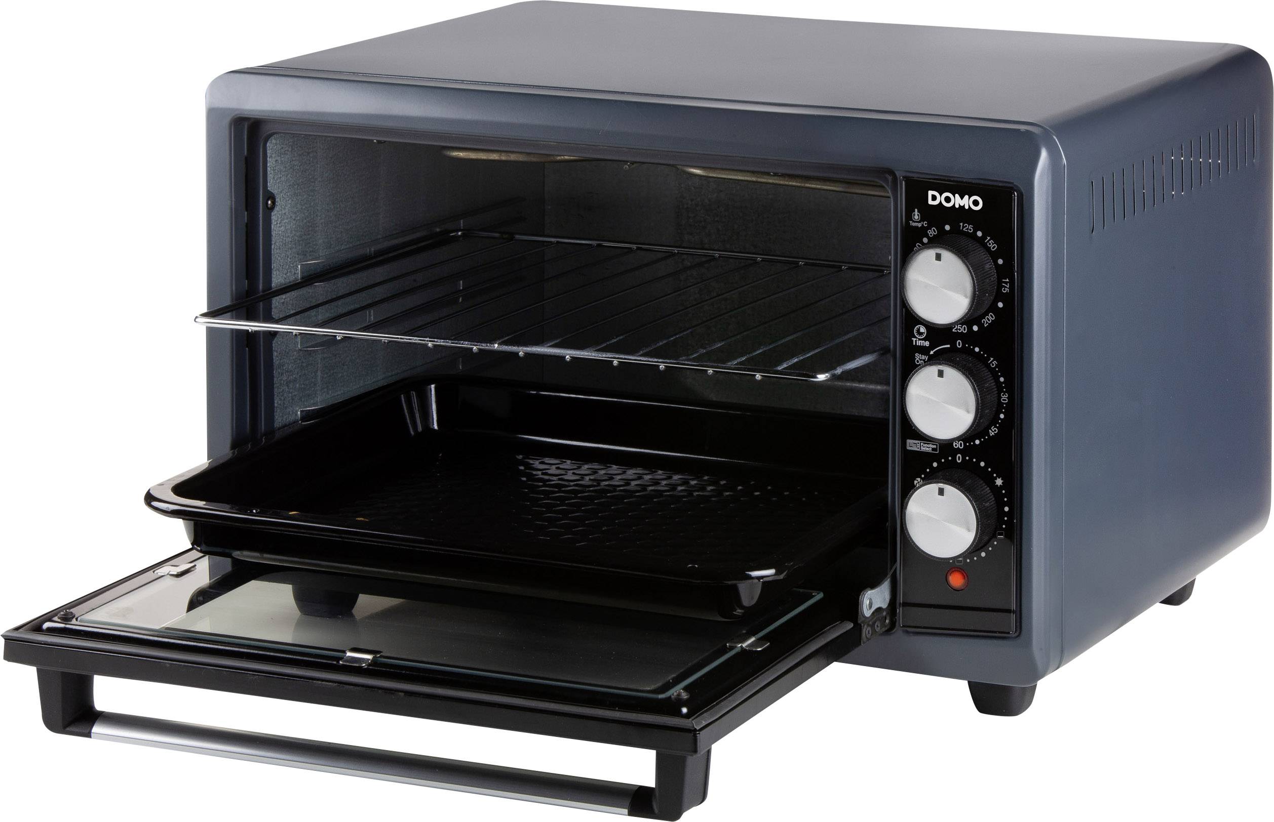 A compact table-top oven with two levels. Three rotary knobs control temperature, operating mode, and timer. Oven door open.