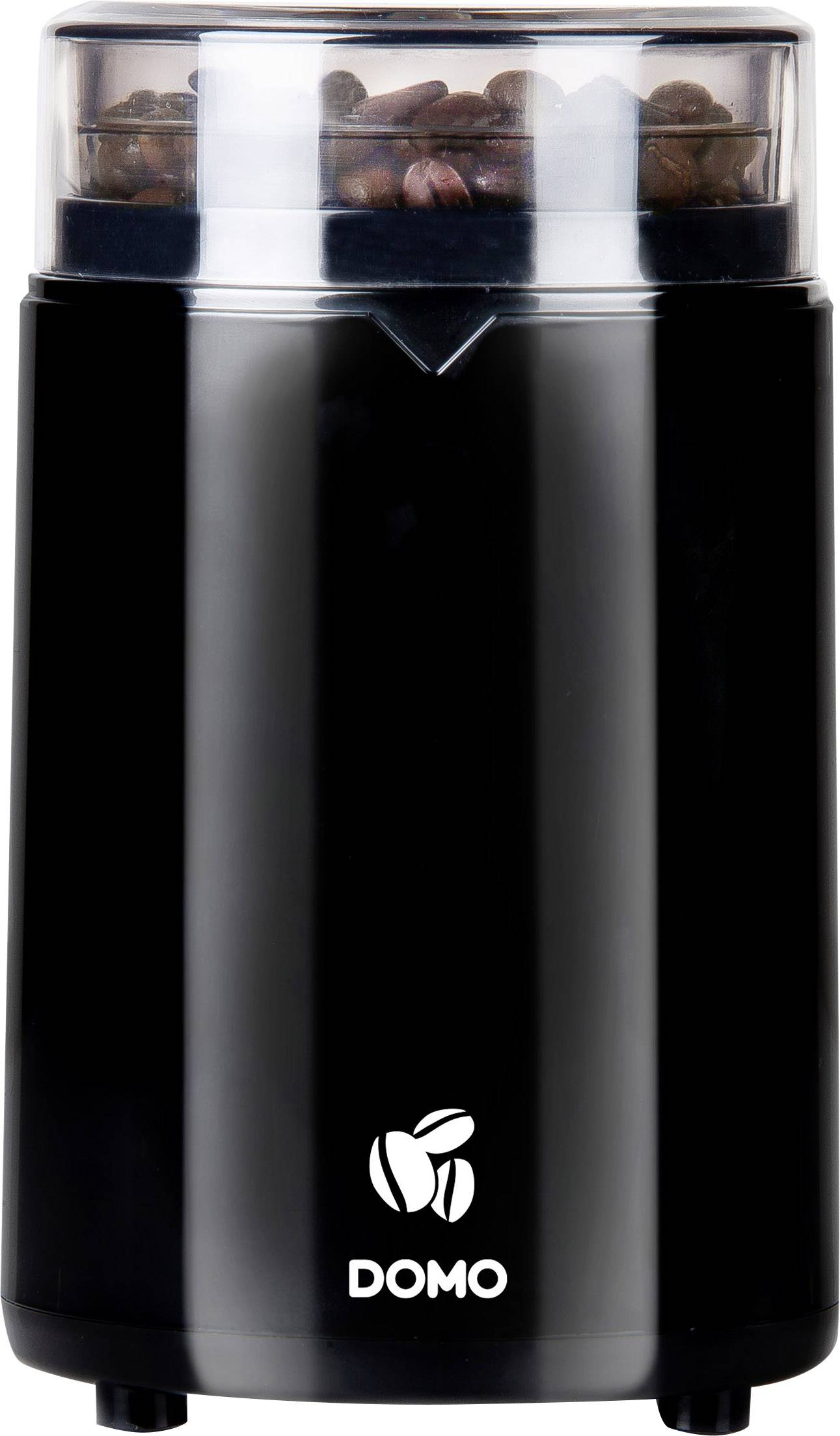 A black electric coffee grinder container with a transparent lid, filled with coffee beans. The brand logo and text "DOMO" are located at the bottom.