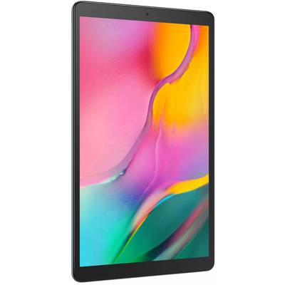 Tablet with a vibrant screen displaying abstract colours in pink, yellow, and blue.