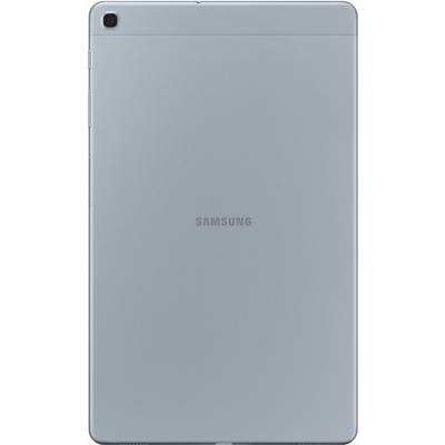 The back of a grey tablet with a camera module in the corner. In the centre, the 'Samsung' logo is displayed.