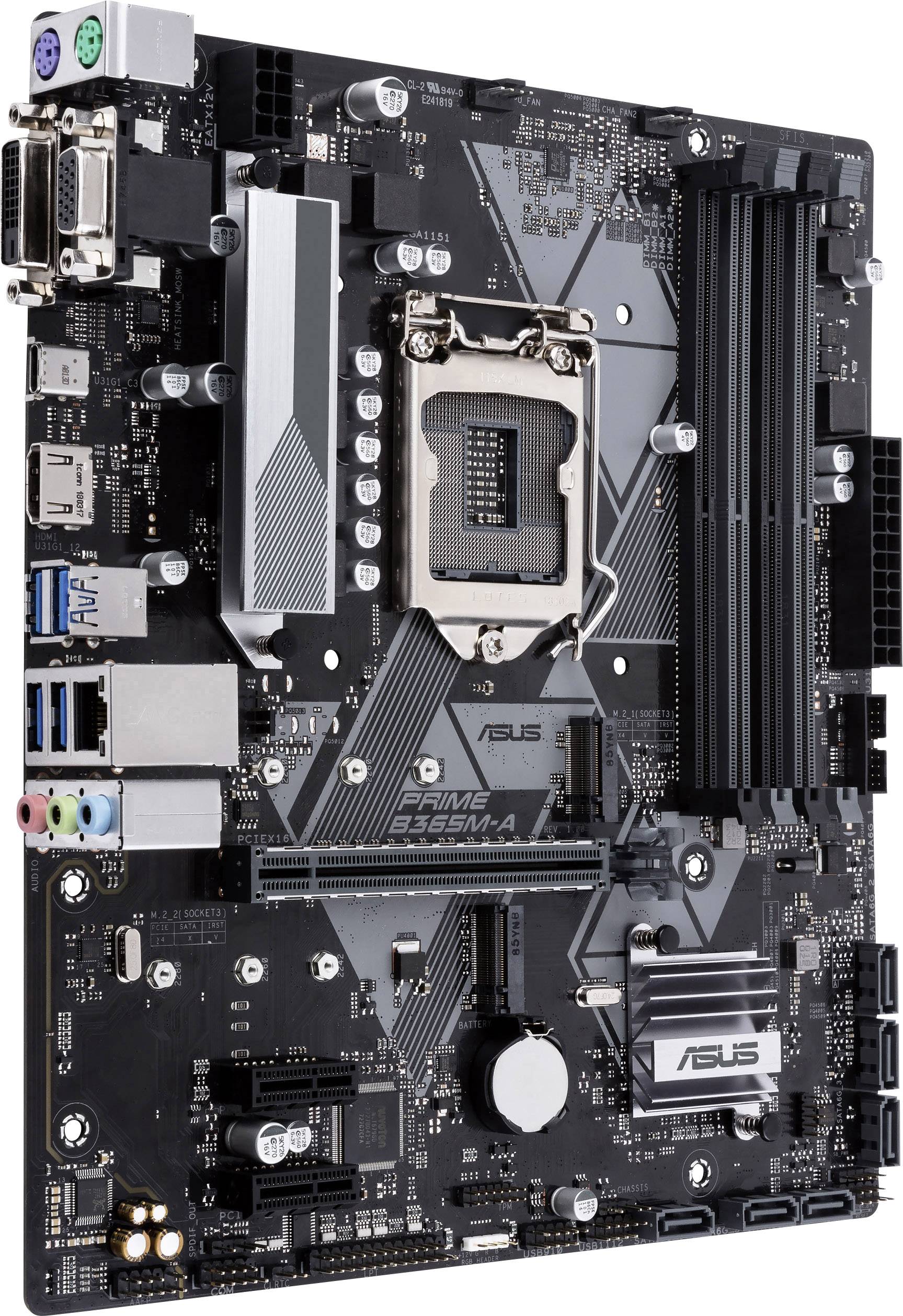 Asus PRIME B365M-A Motherboard PC base Intel® 1151 Form factor (details) Micro-ATX Motherboard chipset Intel® B365-4