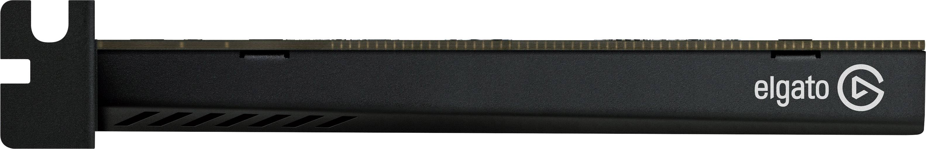 Black business card with brand logo, side view.