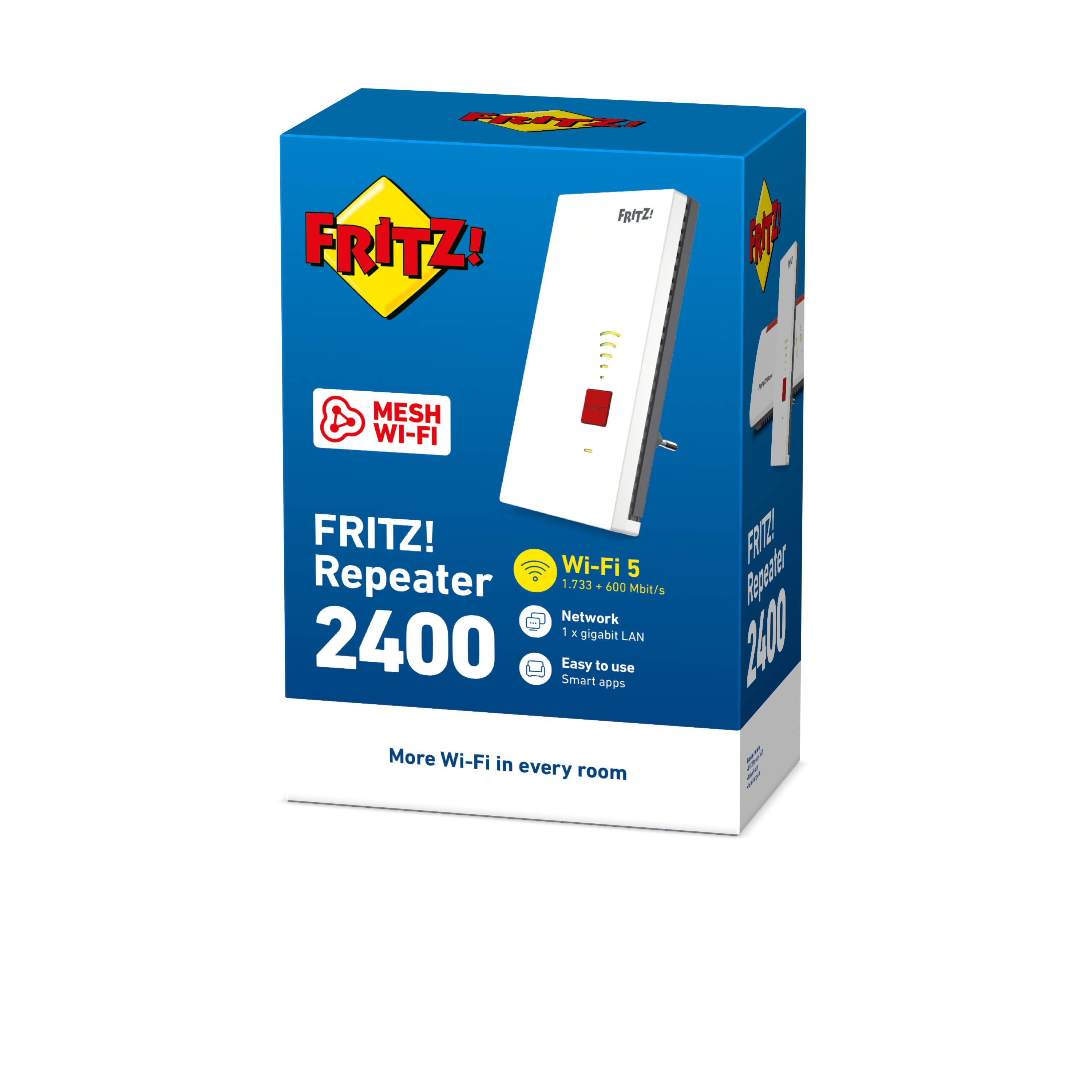 Packaging for a FRITZ!Repeater 2400. Shows an image of the device, Wi-Fi Mesh logo, indication of easy operation, and Wi-Fi AC + N compatibility.