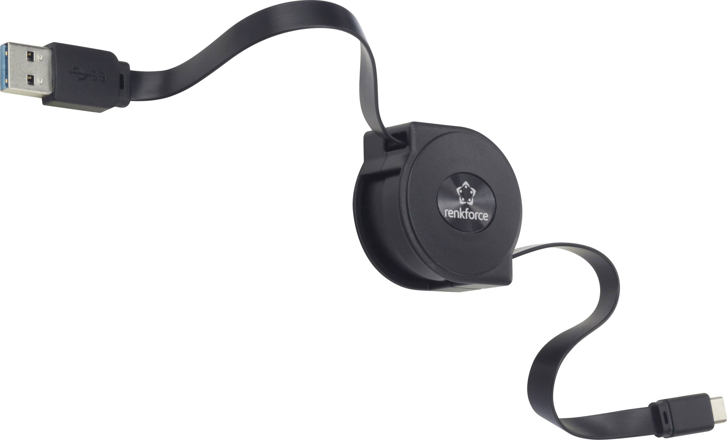 Black, retractable USB cable with a USB plug on one side and a Lightning plug on the other side.