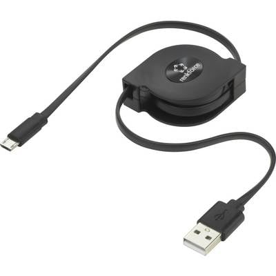 A black, retractable USB cable with a micro-USB connector and a standard USB connector on the other end, manufactured by Renkforce.