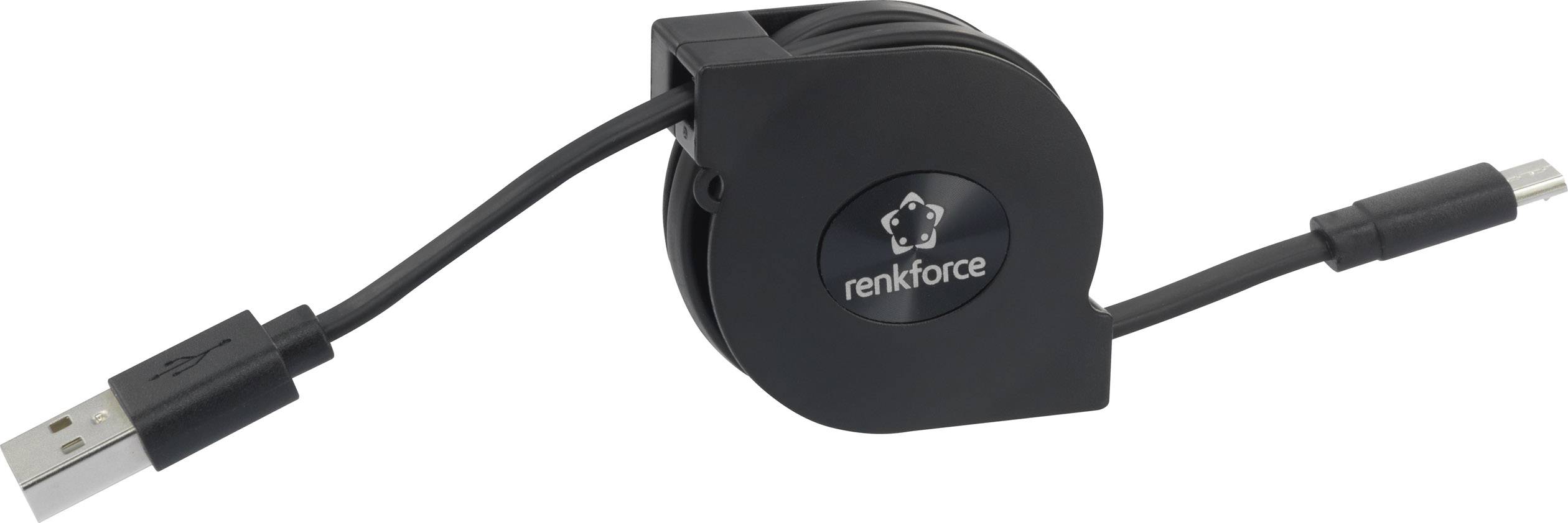 A black, retractable USB charging cable with a micro-USB connector on one side and a standard USB connector on the other.
