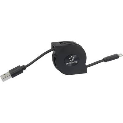 A black, retractable USB charging cable with a micro-USB connector on one side and a standard USB connector on the other.