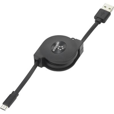 Black and white, extendable USB cable adapter with a USB plug on the right side and Micro-USB on the left side.