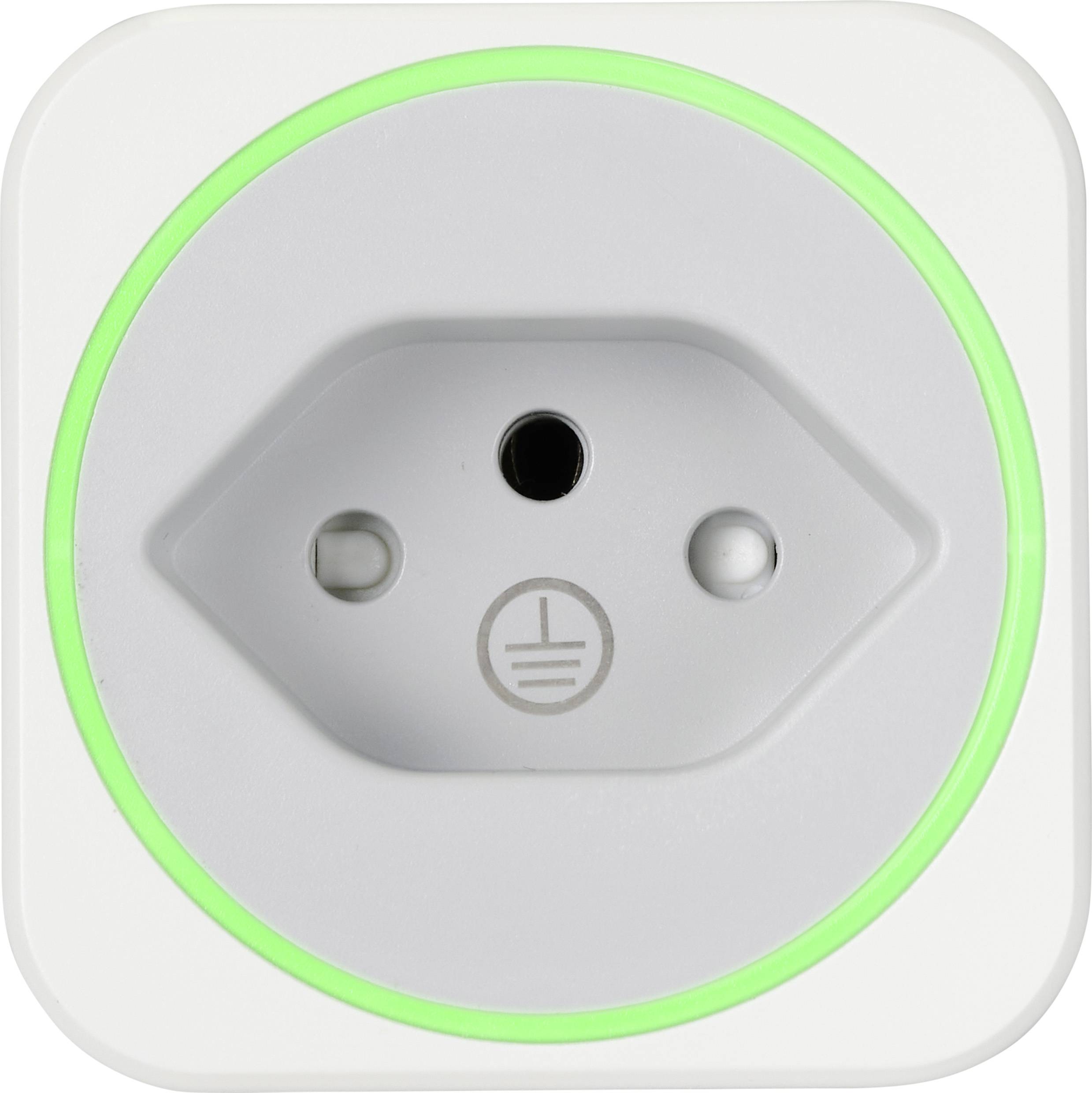 A white socket with a green LED ring illuminating around its edge.