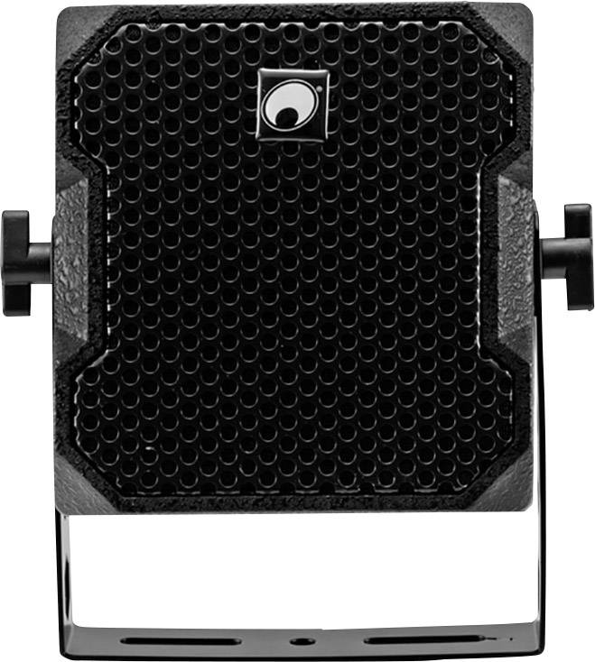 Black speaker with textured front panel and square logo at the top. Side mounting brackets twisted.