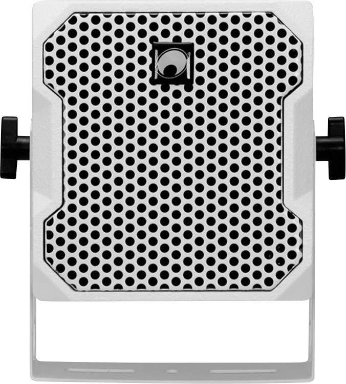 A rectangular speaker in a white housing, with a black honeycomb pattern on the front and mounting brackets on the sides.
