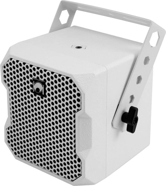 A white, compact speaker with a honeycomb-patterned grille and adjustable mounting bracket, suitable for wall installation.