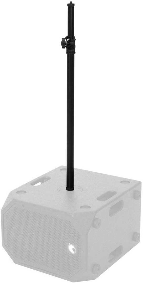 'A speaker stands on a sturdy stand. The design is angular and industrial.'