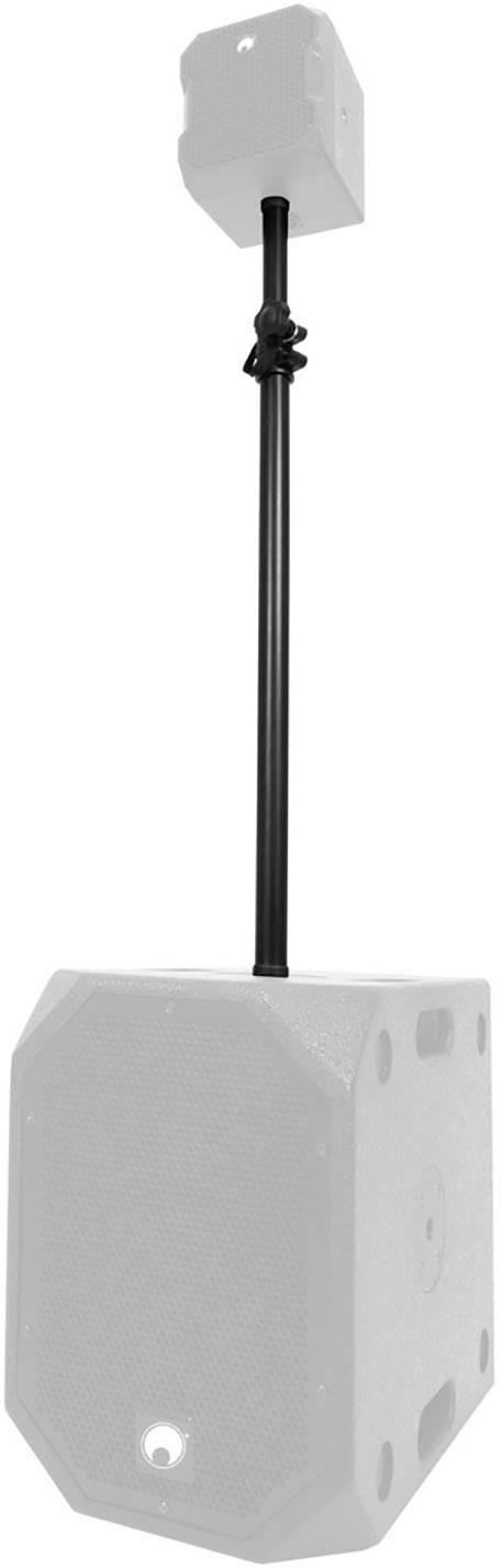 Speaker system with two units: an upper smaller speaker and a lower larger subwoofer, connected by a stand.