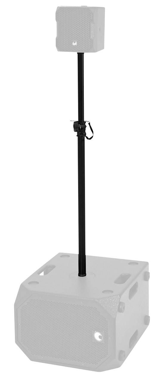 A speaker system with a small upper speaker mounted on a stand, fixed on a larger subwoofer.