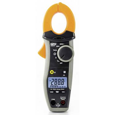 Digital electricity meter with an orange clamp attachment and large display showing '288.8'. Switches and buttons are visible.