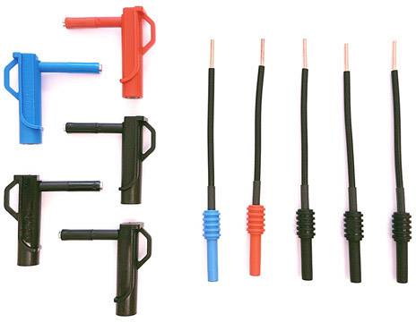 'Four coloured test clips and five cables with stripped ends. The clips are in blue, red and black, the cables in black.'