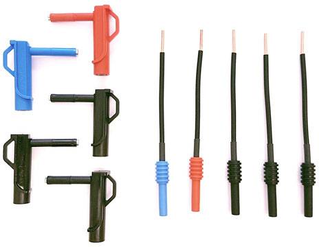 'Various measuring leads and test clips in red, blue and black, used for electrical testing.'