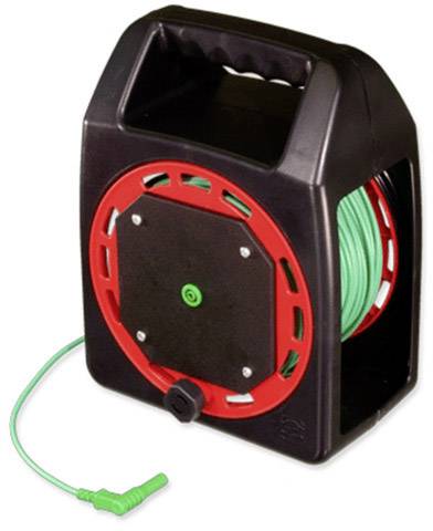Green extension cable on a red cable reel with a black housing. Optimised design for portable use.