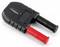 Black and red banana plug adapter made of plastic, used for connecting electrical cables.