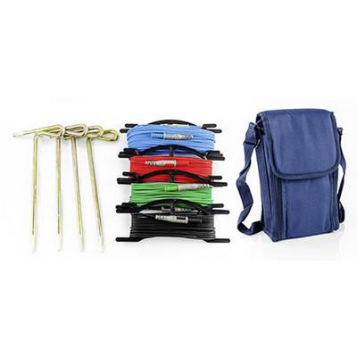 Tent Accessory Set consisting of tent pegs, ropes in various colours, and a blue carry bag.