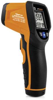 Hand-held infrared thermometer with digital display. Shows a temperature of 15.5 degrees Celsius. Device has an orange and black casing.