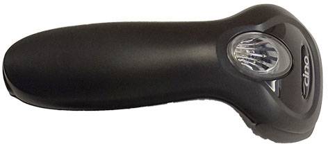 A black wireless handheld barcode scanner with an ergonomic grip, LED display, and trigger button for scanning barcodes.