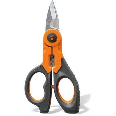 An orange and black universal scissors with serrated blades and ergonomic handles, suitable for various cutting tasks.