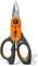 An orange and black universal scissors with serrated blades and ergonomic handles, suitable for various cutting tasks.