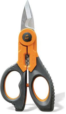 Scissors with an orange and black handle, suitable for various cutting tasks, including wire cutters in the middle of the blades.