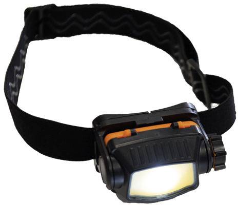 A black head torch with an adjustable strap and illuminating light.