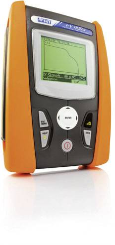 A portable electric testing device with a digital screen displays a curve graph. Surrounded by an orange casing.