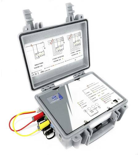 A grey measuring device in an open case with colourful cables, displaying electrical circuit diagrams on the inner lid.