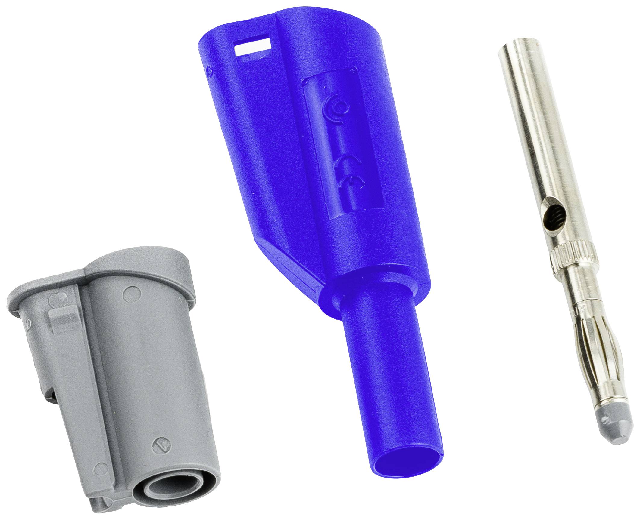 Three different connector elements: a grey housing, a blue plastic part, and a silver metal pin.