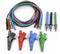 Multicoloured measurement cables and crocodile clips for electronic testing, in Blue, Red, Green and Black.