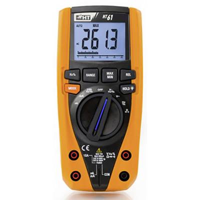 Digital multimeter in orange with a digital display showing '261.3'. Buttons for modes and functions underneath. Model 'HT61'.