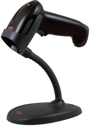 A black barcode scanner sits on a flexible stand.