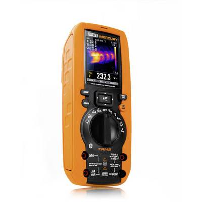 An orange digital multimeter with a screen displays measurement readings. The display shows a thermal image and numerical voltage values.