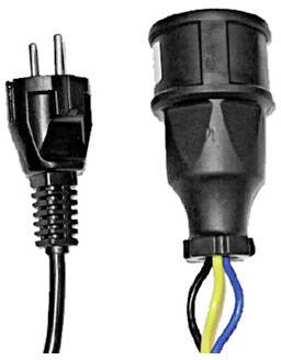 'Schuko plug and socket with three connected cables: black, blue, yellow.'