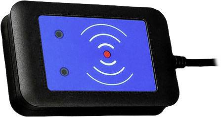 A black device with a blue field in the centre, showing concentric circles around a red point. A cable is connected.