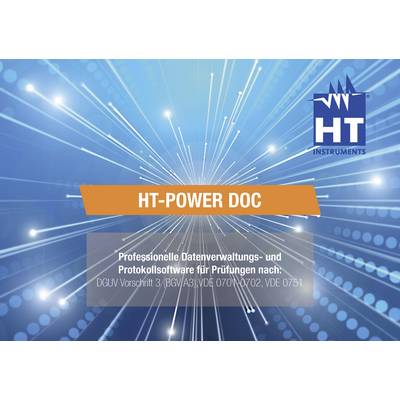 'HT-POWER DOC' and 'Professional Data Management and Logging Software for Inspections according to DGUV Regulation 3, VDE 0701/0702, VDE 0751' against a blue, radiant background.