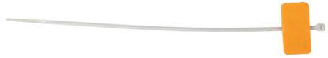 A white cable tie with an orange rectangular label on the right side.