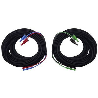 Two black cable reels with colourful connectors. Left side red and blue, right side green and black. Suitable for electrical applications.