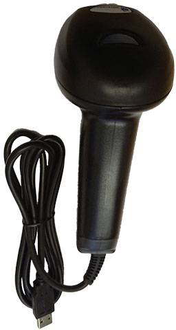 Black barcode scanner with USB cable, suitable for reading barcodes for data capture and inventory management.