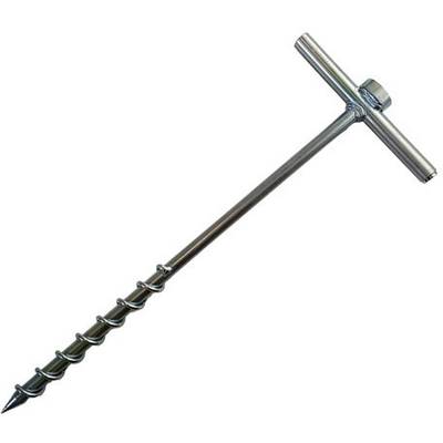 Metal screw with T-shaped handle, spiral threads, and pointed end, suitable for ground anchoring.