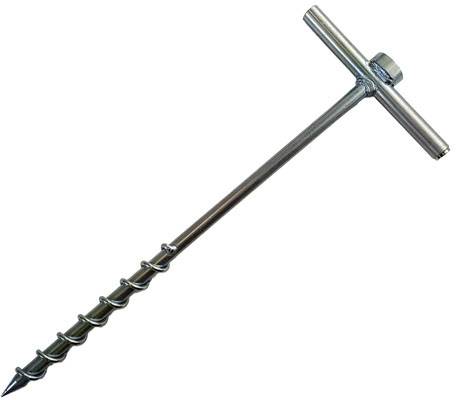 Metal screw peg with T-handle, spiral-cut shaft and pointed tip, designed for secure anchoring in the ground.