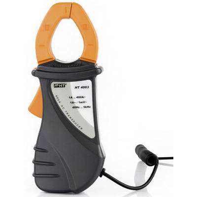 A black and orange electrical current meter with a clip and display, suitable for measuring current strengths and frequencies.